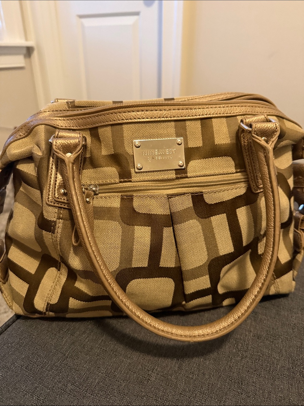 Nine West Beige and Brown Geometric Satchel